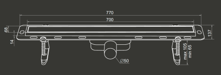 Трап линейный (душевой лоток) Winkiel WDO-700-09-4410 700 мм с горизонтальным выходом D50 мм, с решеткой белый